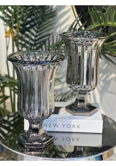 Elta Collection Lüks Füme & Gold Cam Dekoratif Vazo Modern Masa Üstü Ev Aksesuarı Füme