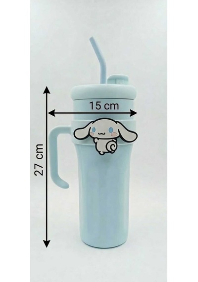 Karakter Figürlü Mavi Çelik Pipetli Termos