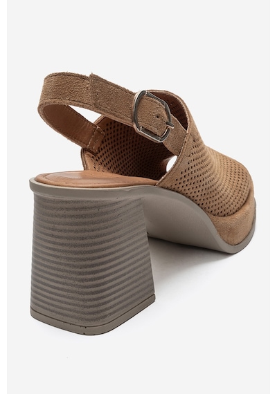 Luvi Shoes Penvıa Taba Süet Hakiki Deri Kadın Kalın Topuklu Sandalet