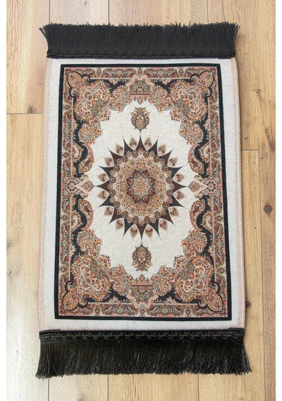 Mini Alın Seccadesi Kaymaz Taban Desenli Cep Tipi Seyahat Namaz Seccadesi - Krem / Kahve