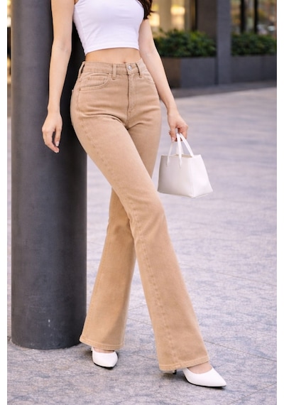 Cedy Denım Yüksek Kalite Kadın 5 Cep Düşük Bel İspanyol Paça Skinnyfit Esnek Jean Pantolon C619 Camel