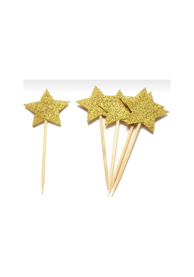 10 Adet Gold Sarı Yıldız Simli Pasta Kürdanı Eva