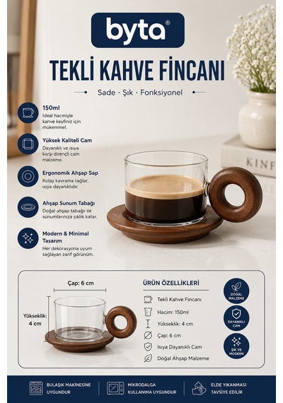Ahşap Kulplu Cam Kahve Fincanı 150 Ml Tekli Modern Tasarım Sunum Fincanı Şeffaf