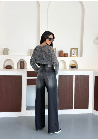 Meecy Kadın Baggy Jean Yüksek Bel Palazzo Esnek Kot Pantolon Antrasit Antrasit