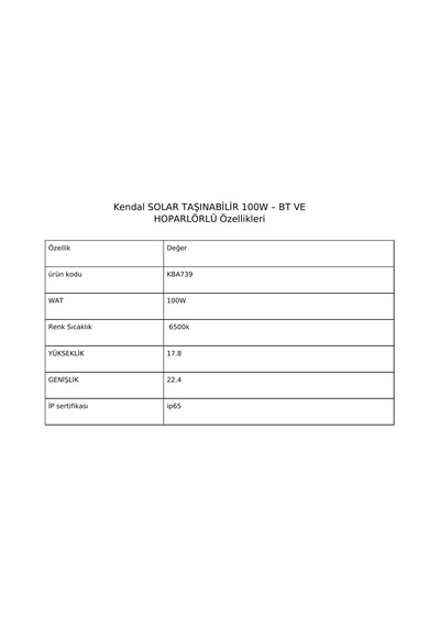 Kba739 Kendal Solar Taşınabilir Led 100w Bt & Hoparlörlü - Watt - 200 W