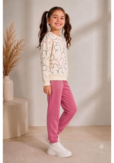 Pina Kids Kız Çocuk Kalpli Desenli Okul Günlük Eşofman Takımı Esf7035 Pembe