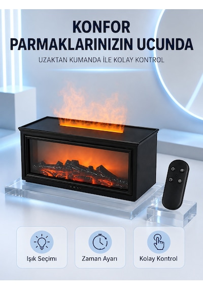 Dekoratif Şömine Görünümlü Nemlendirici Uzaktan Kumandalı Renkli Led Işıklı Difüzör - Lisinya Çok Renkli