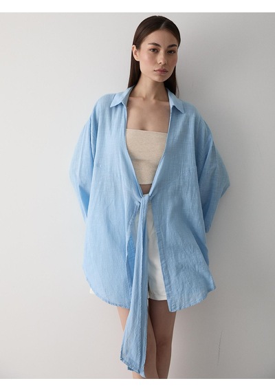 Laluvia Mavi Flam Keten Kimono Gömlek Mavi