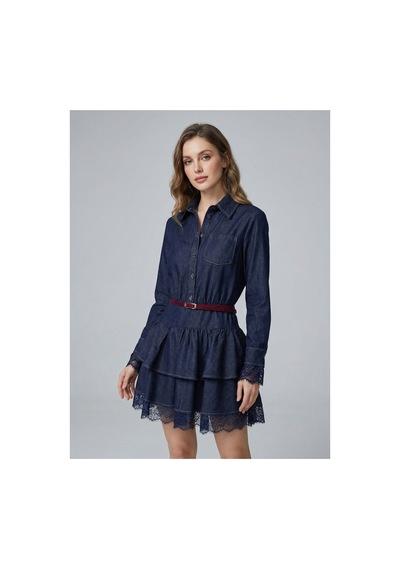 Meecy Kemerli Gömlek Yaka Dantel Garnili Jean Elbise Romantik Stil Mini Denim Elbise Lacivert Lacivert Meecy Kemerli Gömlek Yaka Dantel Garnili Jean Elbise Romantik Stil Mini Denim Elbise Lacivert Lacivert