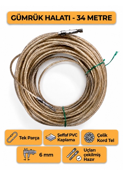 Tır Dorse Kamyon Konteyner Gümrük Halatı Galvanizli Çelik Tel 34 Metre 6mm