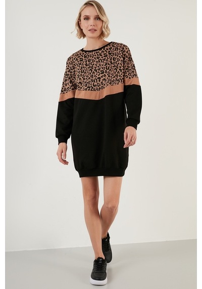 Lela  Leopar Desenli Renk Bloklu Oversize Bisiklet Yaka Bayan Tunik 5863604 Siyah