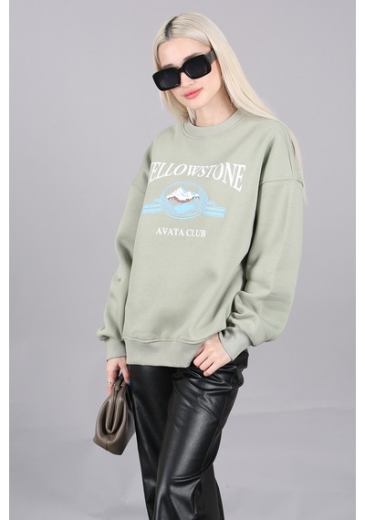 Mint Yeşili Bisiklet Yaka Baskılı Sweatshirt Mg1571