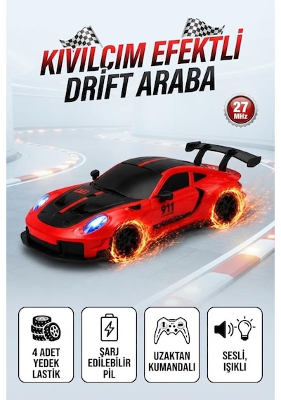 Uzaktan Kumandalı Kıvılcım Efekt Porsche Drift Yarış Arabası 4 Adet Yedek Lastik 26 Cm Sesli Oyuncak Kırmızı