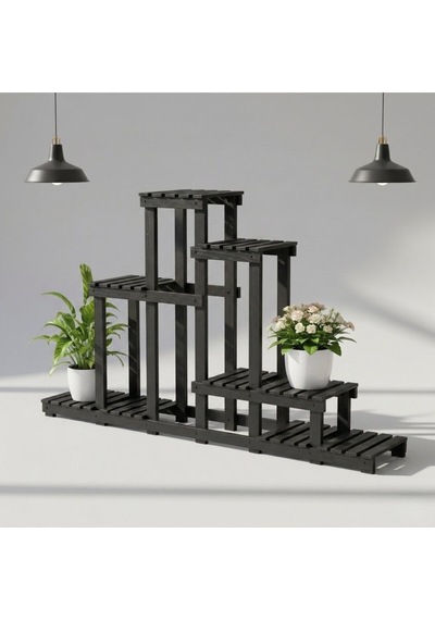Doğal Köknar Ahşap Çok Katlı Çiçeklik Standı Saksılık 120x150x25 Cm Siyah