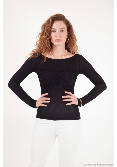Lela Göğüs Drape Detaylı Kayık Yaka Bluz Kadın Bluz 5867117 Siyah