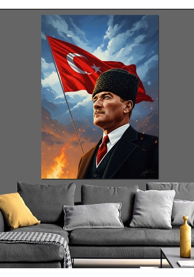 Bayraklı Ve Şık Mustafa Kemal Atatürk Dekoratif Kanvas - Mdf Ahşap Tablo