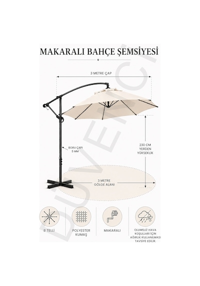Naturel Bahçe Şemsiyesi,3 Mt Ampül Şemsiye, Makaralı Bahçe Şemsiyesi, Balkon Şemsiyesi Bej