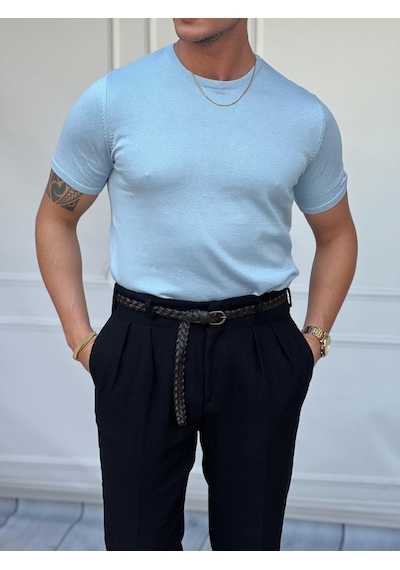Modefendi Yüksek Kalite Slim Fit Triko Kumaş Tshirt Buz Mavi