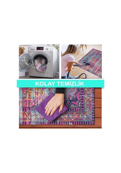 Lane Kadife Pamuk Tabanlı Yıkanabilen Kaydırmaz Antibakteriyel Salon Halısı 140x200 Çok Renkli