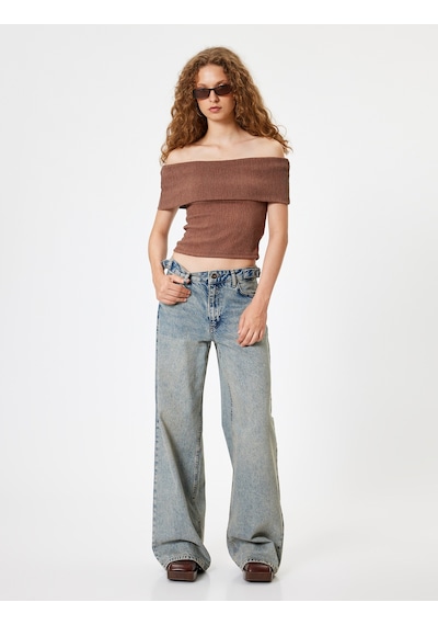 Koton Madonna Yaka Crop Bluz Kısa Kollu Bürümcük Dokulu Slim Fit Kahverengi 4sal60061ık Kahve
