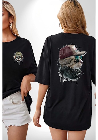 Pilot Çeketli Deri Şapkalı Cool Kedi Siyah Oversize Unisex Ön Ve Sırt Baskılı Tişört Siyah