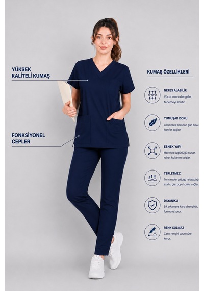 Üniforma Lacivert Hemşire Ve Doktor Forması Scrubs Takımı Likralı Alt Üst Üniforma Unisex Yarasa Kol