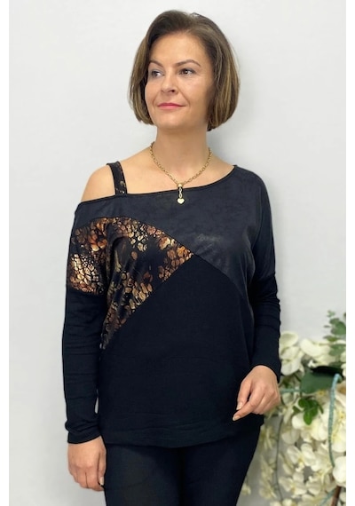 Mia Butik Büyük Beden Kahve Tek Omuz Leopar Detaylı Bluz Kahve