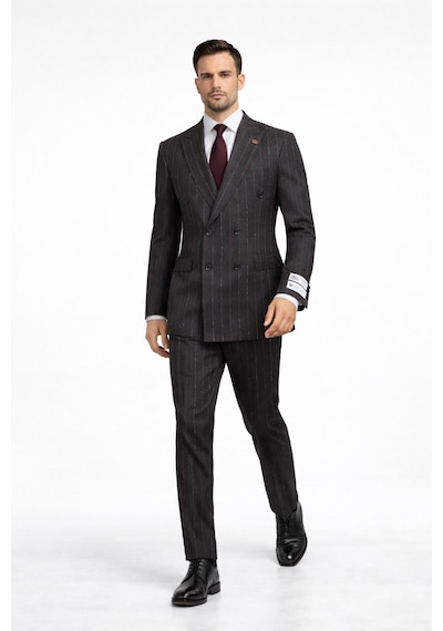 Fabıo Cassel Çizgili Kruvaze Erkek Takım Elbise Slim Fit Füme