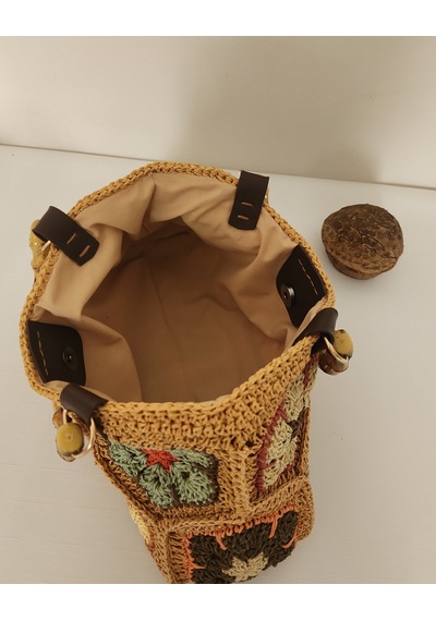 Fikriharika Design El Yapımı Afrika Çiçeği Motifli Kağıt İp Çanta Açık Camel - Çok Renkli