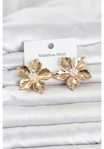 316l Çelik Gold Renk Lotus Çiçek Model Kadın Küpe Altın