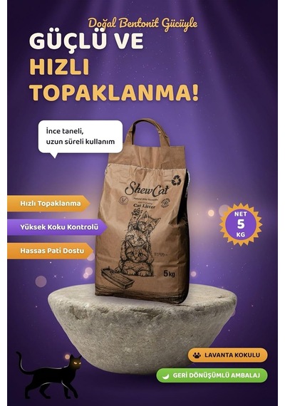 Lavanta Kokulu Doğal Bentonit Kedi Kumu 5 Kg Güçlü Topaklanan, Tozsuz, Koku Hapseden, Patilere Yapışmayan, Bentonit Kedi Kumu