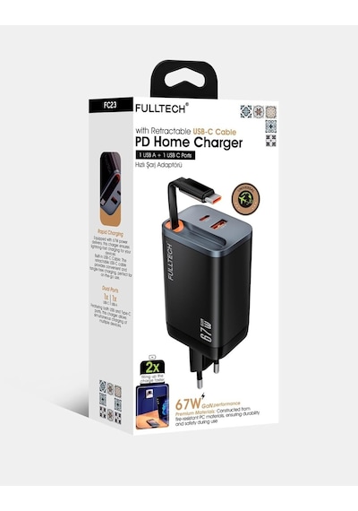 67w Pro 1 Usb-a,1 Usb-c Port 1 Usb-c Kablo Çoklu Usb Şarj Cihazı 2 Port Hızlı Akıllı Priz Siyah