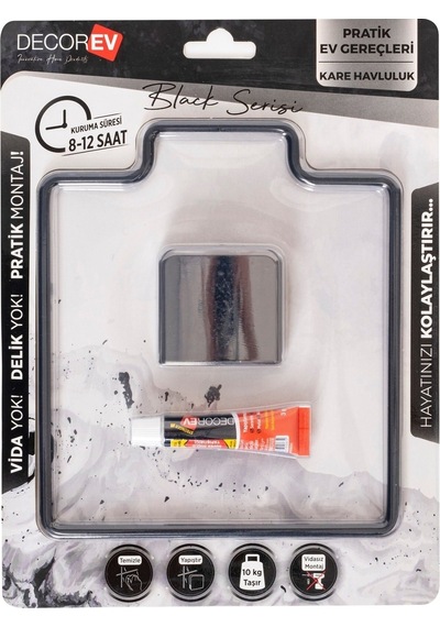 Decorev Dc-5060 Dekoratif Yapıştırmalı Banyo Mutfak Metal Kare Havluluk Askı Siyah Vidasız Gri