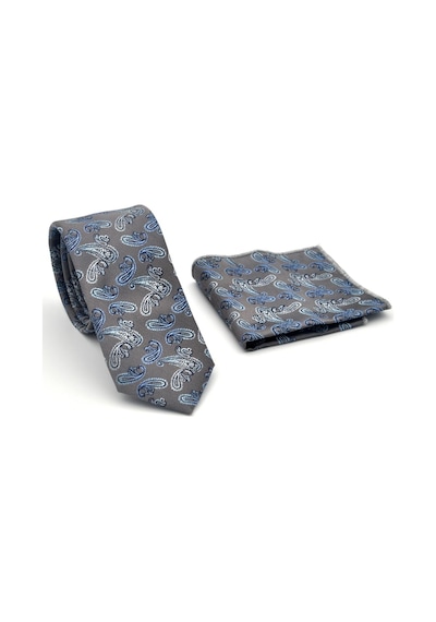 Gaffy Mavi Şal Desenli Gri Dokuma Kumaş Mendilli Slim Fit Kravat // Sdk-2507-4 Gri