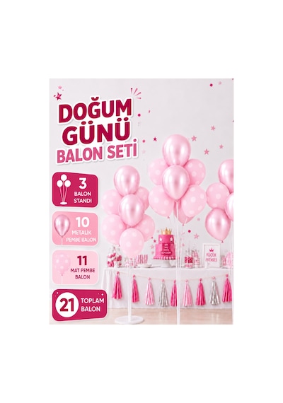 21 Balonlu Doğum Günü, Kutlama, Parti Balon Seti - 3 Adet Balon Standı - 21 Balon Adet Balon - Parti Süsleme - Bebek Partileri Pembe