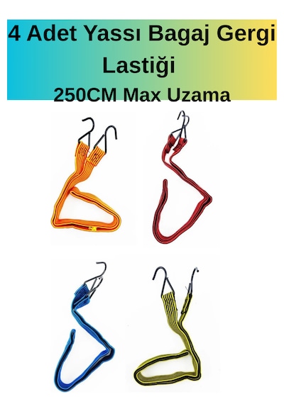 250cm Uzar-4 Adet Yassı Tip Bagaj Lastik - 85-90 Cm Demir Kancalı Karışık Renk