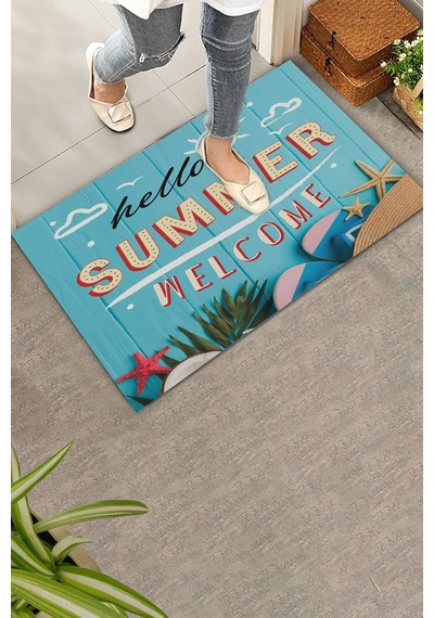 Valerine Life Hello Summer Merhaba Yaz Mavi Renkli Welcome Hoş Geldiniz Kapı Önü Paspası 45x70cm Kahverengi
