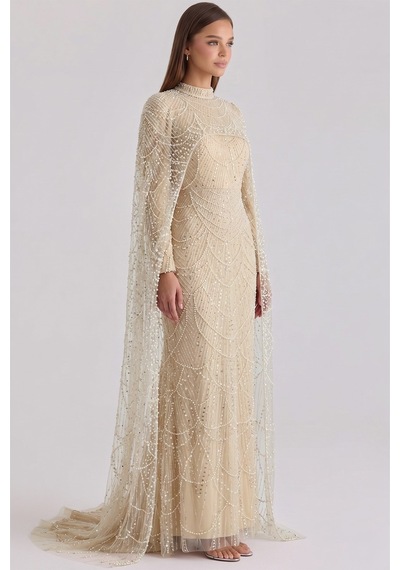 Olcay İnci Ve Pul Bezeli Exclusive Tesettür Abiye Elbise Krem 1039