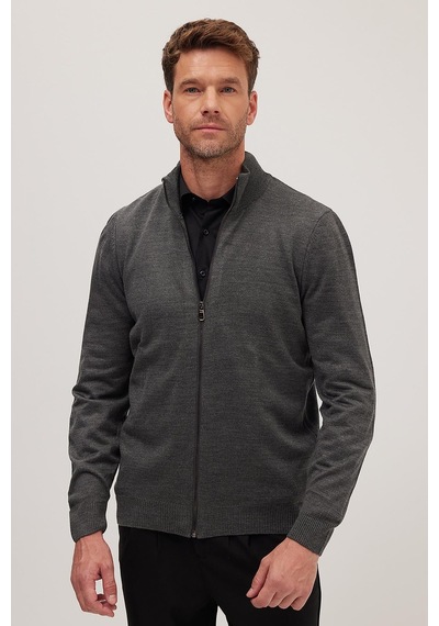 Tudors Erkek Slim Fit Dar Kesim Gri Dik Yaka Fermuarlı Düz Hırka-34916