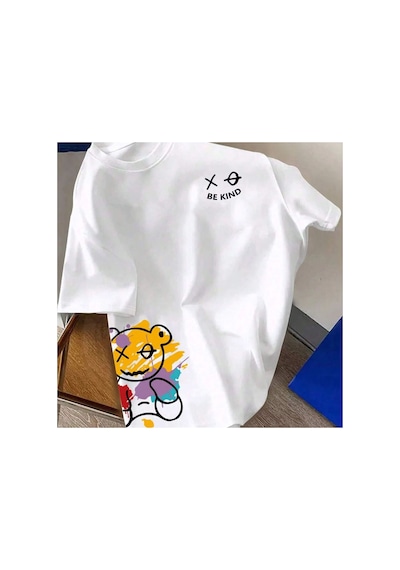 Caddemia  Yaz Gevşek Boyutu Be Kınd Mektup Karikatür Baskı Rahat Yuvarlak Boyun Beyaz 2XL