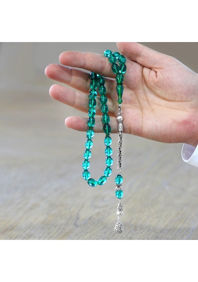 Tesbihname Ateş Kehribar Tesbih - 925 Ayar Gümüş Kral Zincir Püsküllü - Açık Yeşil Renk - Arpa Kesim