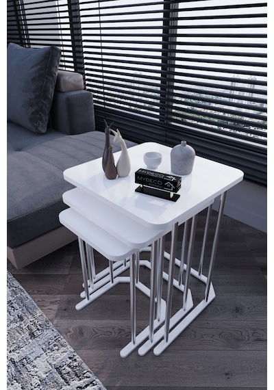 3' Lü Kare Zigon Sehpa Gümüş Ayak Beyaz 18 Mm Mdf Beyaz - Gümüş