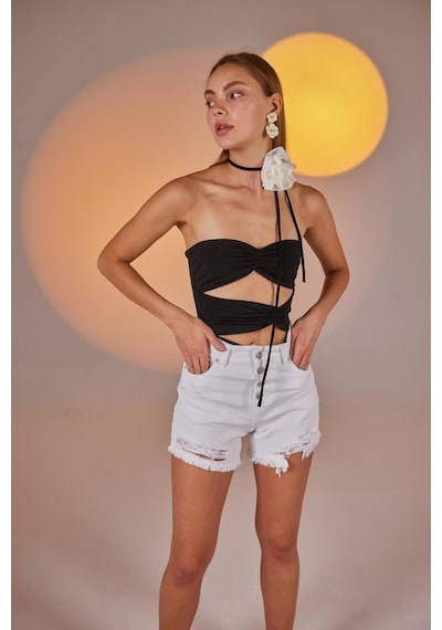 Holly Lolly Yırtık Detaylı Likralı Distressed Jean Şort Beyaz