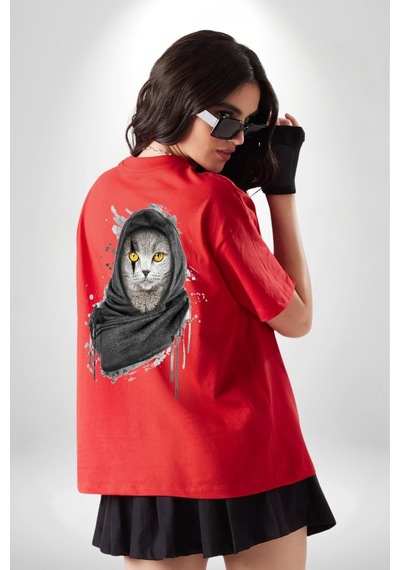 Safari Kedi Şal Eşarp Kırmızı Oversize Unisex Ön Ve Sırt Baskılı Tişört Kırmızı