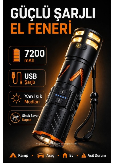 Sinek Savarlı Şarjlı El Feneri 10000 Lümen Güçlü Aydınlatma Kamp Feneri Çok Renkli