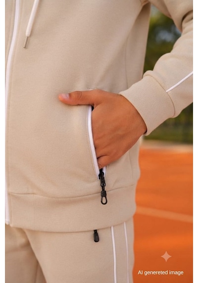 Pina Kids Erkek Çocuk Scuba Unlimited Çift Şeritli Kapüşonlu Reglan Kol Dalgıç Kumaş Eşofman Takımı Esf7024 Krem