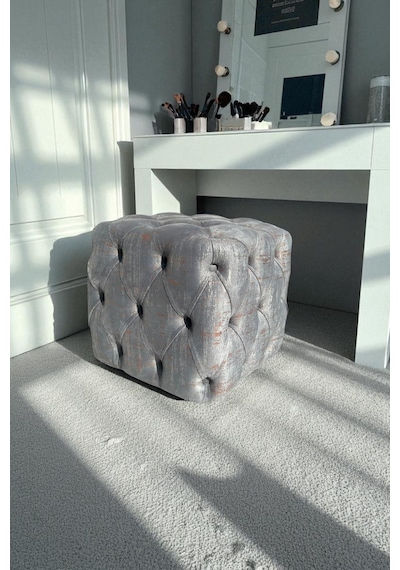 Küp Puf - Best İthal Kadife Babyface Kumaş Varak Baskı - Modern Ve Şık Dekoratif Puf&bench Gri