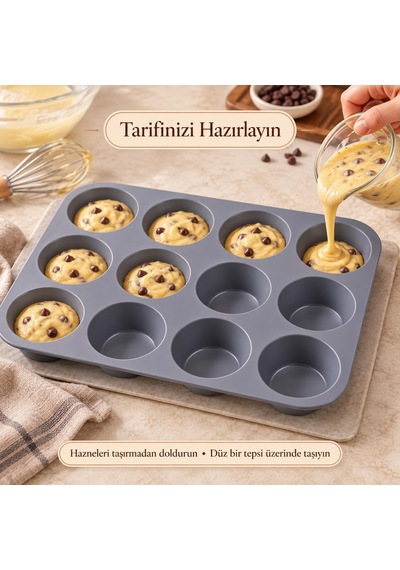 Tr 12'li Silikon Muffin Kalıbı Gri Cupcake Mini Kek Browni Kurabiye Tatlı Pişirme Tepsisi Esnek Tek Parça Yuvarlak Genel