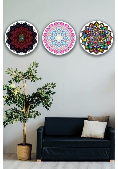 Mandala Desenli 3'lü Ahşap Tablo Modeli, Ev, Oturma Odası, Salon, Ofis Şık Duvar Dekorasyonu