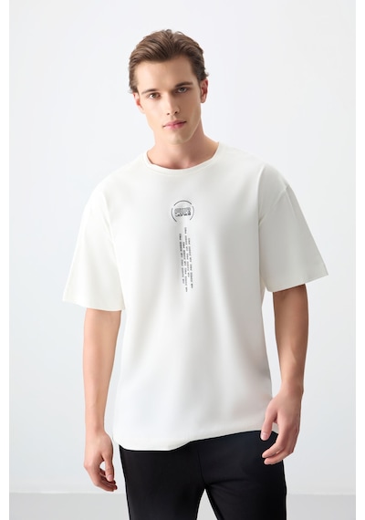 Air Jones Tommy Life Ekru %100 Pamuk Kalın Yumuşak Dokulu Oversize Fit Baskılı Erkek T-shirt - 88355 Ekru